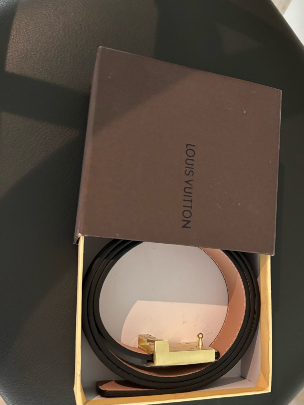 Louis Vuitton Black and Tan Reversible Leather Belt with Gold Buckle